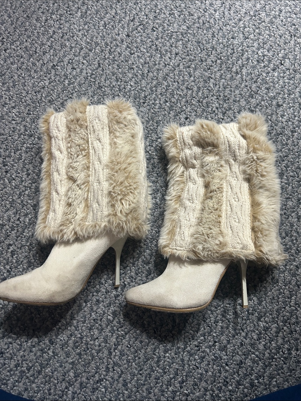 Nina Cream Faux Fur Cable-Knit Stiletto Booties